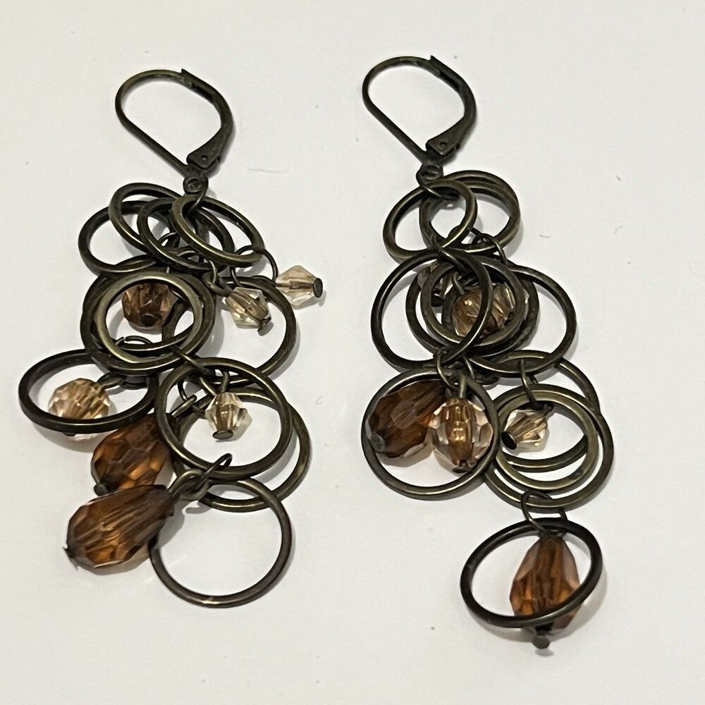 Bronze 2.5”  Dangle Tear Drop‎ Beaded Circle Earrings Brown Metal Boho Casual